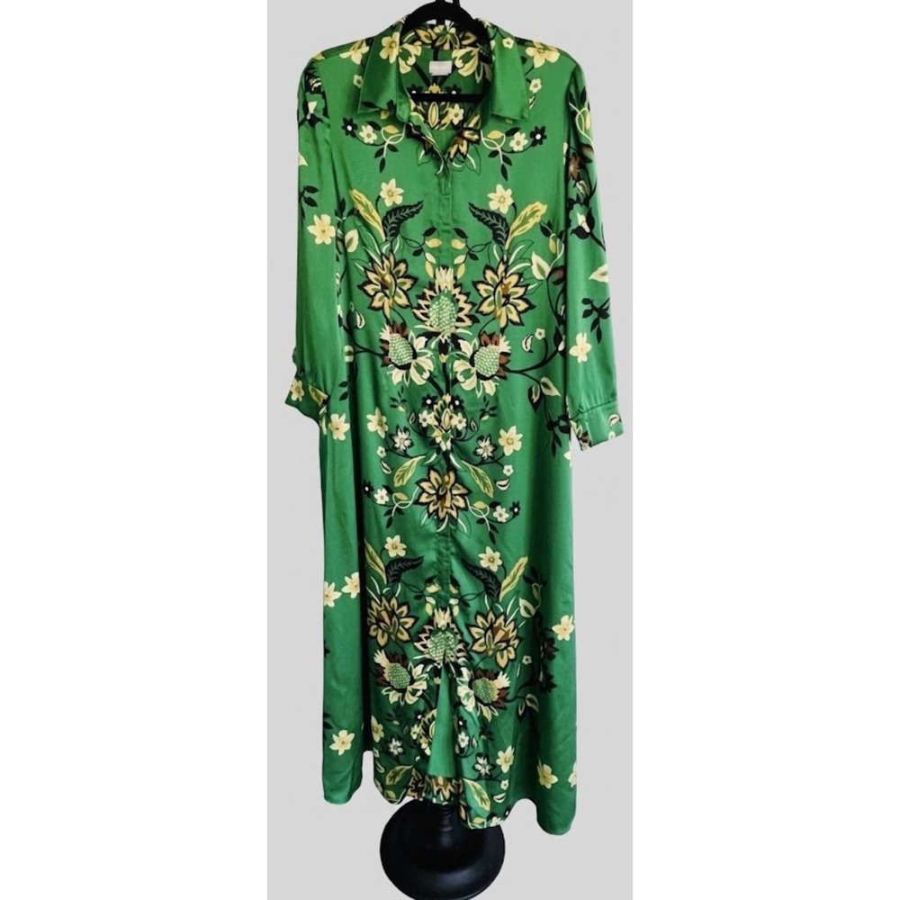 Chicos Size 2 US 12 Green Floral Satin Maxi Shirt Dress Long Sleeve Button Front